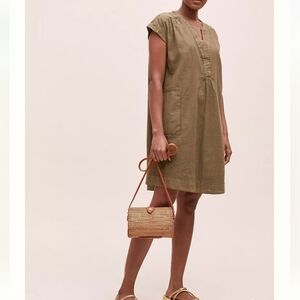 By Anthropologie Kimber Tunic Dress Khaki OliveGreen Vneck Linen Blend Oversized